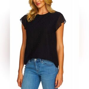 CeCe XS Black Flutter Sleeve Embroidered Chiffon Top Never Worn Fully Lined